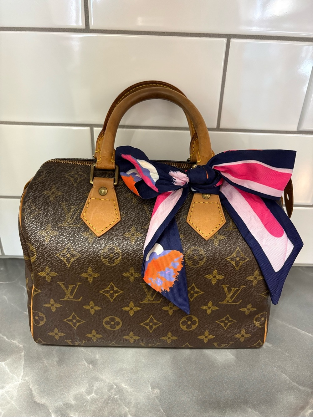 Louis Vuitton Brown Handbag with Pink & Navy Scarf Accent